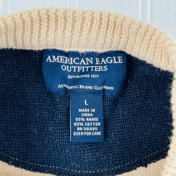 American Eagle Outfitters Beige & Navy Striped Sweater Men's Large Y2k 90s - Picture 2 of 4